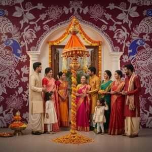 A vibrant and colorful scene depicting a traditional Indian family celebrating Gudi Padwa and Ugadi in 2026. The family, dressed in elegant traditional Indian attire, gathers around a beautifully decorated entrance adorned with a Gudi - a decorated pole with a bright saffron cloth, garlands, and copper pot, symbolizing prosperity. In the background, an intricate digital fusion of Madhubani and Pattachitra art forms creates a mesmerizing backdrop with motifs of lotus flowers and peacocks in deep maroon and peacock blue hues. Soft, ethereal lighting bathes the scene in a warm, golden glow, creating an atmosphere of joy and renewal. The characters are smiling and exude a sense of togetherness and celebration. Elements of modern digital aesthetics blend seamlessly with traditional motifs, making the scene feel both timeless and contemporary.