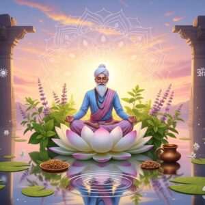 A serene and ethereal scene depicting a tranquil Indian landscape at dawn, with a softly glowing mandala rising in the sky. In the foreground, an Indian sage is seated cross-legged on a lotus flower, wearing traditional attire in pastel shades of soft blue and pale pink. The sage is surrounded by ancient Ayurvedic herbs and astrological symbols subtly integrated into the background. The atmosphere is calm and harmonious, with gentle reflections on a calm water surface, emanating a sense of spiritual wellness and ancient wisdom. The art style is hyperrealistic, blending traditional Indian motifs with modern digital aesthetics, emphasizing tranquility and mindfulness.