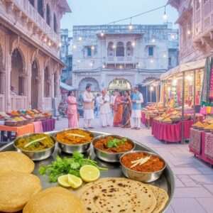 A serene, ethereal scene of a bustling street in Ahmednagar, showcasing the rich cultural tapestry and vibrant cuisine. The foreground features a beautifully arranged platter of traditional Maharashtrian dishes like puran poli, bhakri, and spicy curries, adorned with fresh coriander and lemon slices. In the background, a group of elegantly dressed Indian men and women in traditional attire, engaged in lively conversation, surrounded by stalls with colorful spices and fabrics. The architecture blends historic Maratha influences with modern design elements, featuring intricate carvings and vibrant colors. The soft, glowing lights and pastel color palette create a dreamlike atmosphere, inviting viewers to explore the cultural richness and culinary delights of Ahmednagar. The overall scene exudes warmth, hospitality, and a sense of timeless tradition meeting contemporary flair.