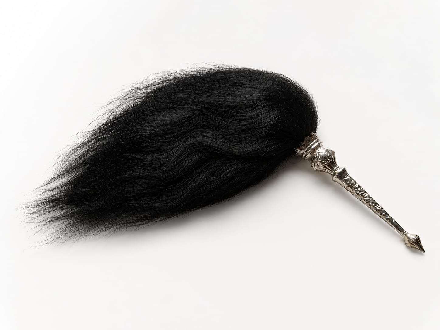 100% original Black Chamar - Black YakcChanvara - Chawar - Yak Tail Fly Whisk - With Fancy German Sliver Handle - 200 gm , 24" Tail (approx)