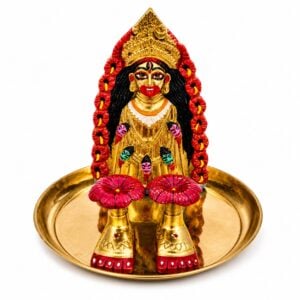 Brass Tara Maa Murti with Charan and Bronze/kansha Thali -Brass Paduka for Home Temple Décor-Elegant Brass Tara Maa Murti with Charan and kasha Thali-Premium Brass Tara Maa Idol with Sacred Charan Paduka with Bronze Thali