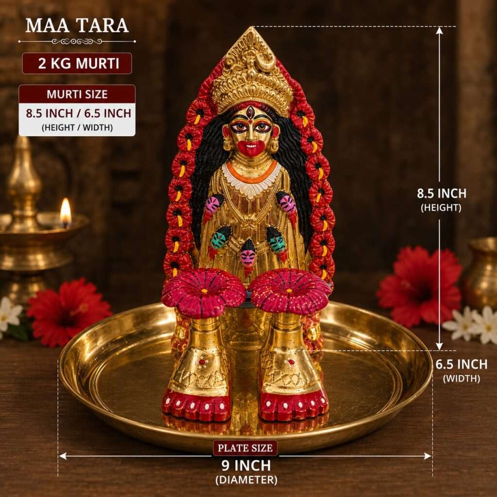 Brass Tara Maa Murti with Charan and Bronze/kansha Thali -Brass Paduka for Home Temple Décor-Elegant Brass Tara Maa Murti with Charan and kasha Thali-Premium Brass Tara Maa Idol with Sacred Charan Paduka with Bronze Thali - Image 3