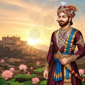 An imposing, regal portrait of Bappa Rawal, depicted in the intricate fusion of traditional Indian art forms and modern digital aesthetics. He stands tall, adorned in elaborate Rajasthani royal attire with rich maroon and peacock blue fabrics, embellished with golden embroidery and traditional jewelry. His expression is dignified and resolute, symbolizing his leadership and valor. The backdrop is an ethereal landscape of the Aravalli mountains, bathed in a warm, golden glow. A majestic fort, representing the Mewar dynasty, rises in the distance, surrounded by stylized lotus flowers and intricate mandalas floating softly in the sky. The scene captures the essence of Bappa Rawal’s legacy, blending historical accuracy with a serene, surreal visual style.