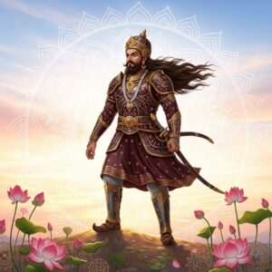 In a majestic, ethereal landscape, Bappa Rawal stands proudly atop a golden-hued hill, donned in regal Rajput armor with intricate patterns inspired by Madhubani art. His armor gleams in rich tones of maroon and gold, reflecting his royal lineage. Behind him, a massive, glowing mandala merges with the soft colors of a dawn sky, casting a serene, spiritual aura. The foreground is adorned with stylized lotus flowers and traditional Rajasthani motifs. Bappa Rawal's expression is one of determination and wisdom, his long hair flowing like a dark river. The overall scene is hyperrealistic and dreamlike, blending historical reverence with a modern digital aesthetic, inviting viewers into the legendary world of Mewar's founder.