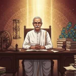 A dignified Indian man, Mahadev Desai, depicted in a serene and ethereal style, sitting at a vintage wooden desk surrounded by books and papers. He is dressed in traditional Indian attire with a simple white kurta and dhoti, reflecting his role as a close associate of Mahatma Gandhi. The background showcases a soft glow of warm golden light illuminating historical elements like the spinning wheel (charkha) and a faint silhouette of Gandhi. The scene is enriched with intricate Indian motifs and patterns subtly woven into the background, creating a harmonious blend of tradition and modernity. The atmosphere is calm and contemplative, emphasizing Mahadev Desai's intellectual legacy and peaceful demeanor. The art style is hyperrealistic with a touch of surrealism, incorporating deep colors like maroon and peacock blue for a captivating visual appeal.
