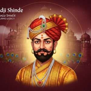 A regal portrait of Mahadji Shinde, depicted with a commanding presence. He is adorned in rich Maratha attire, featuring an intricately embroidered turban and a vibrant saffron robe with golden patterns. His face exudes wisdom and strength, with sharp, dignified features and a serene expression. In the background, a stylized depiction of an 18th-century Maratha fort is visible, enveloped in soft, ethereal light. The color palette consists of maroon, gold, and peacock blue, enhancing the grandeur. The art style combines traditional Indian motifs with modern digital aesthetics, creating a harmonious blend of historical reverence and contemporary allure. The scene is illuminated with a warm, glowing light that emphasizes the regal essence and legacy of Mahadji Shinde.