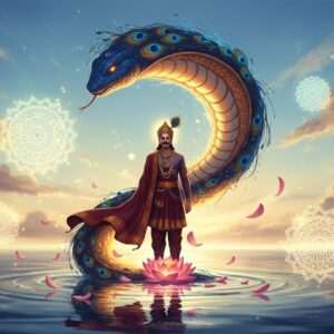 An ethereal scene depicting King Yayati, a regal Indian figure with intricate traditional attire in deep maroon and gold, standing on a serene, glowing water surface. The water reflects a vibrant, surreal sky of pastel blues and warm golds, adorned with soft, glowing mandalas and lotus petals gently falling. Behind him, an abstract representation of insatiable desire—a swirling, enchanting energy form in rich peacock blue and saffron hues—emerges, subtly shaped like a serpent. The composition blends traditional Indian art with a modern digital aesthetic, balancing heritage with innovation. The atmosphere is serene yet introspective, inviting viewers to explore the depths of ancient wisdom and human desire.