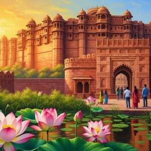 A breathtaking view of the majestic Chittorgarh Fort under a golden, ethereal sunrise. The fort's towering walls and intricate architecture are bathed in warm, soft hues of saffron and maroon, with peacock blue shadows casting a serene contrast. In the foreground, lush greenery and blooming lotus flowers lead the eye towards the grand entrance of the fort. A group of Indian visitors dressed in vibrant modern attire with hints of traditional accessories explore the scene, capturing the essence of heritage meeting contemporary exploration. The atmosphere is tranquil, with a hint of mystery and allure, inviting viewers to delve into the rich history and beauty of this iconic fort. The art style blends hyperrealism with a touch of surreal fantasy, ensuring an immersive visual experience.