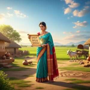 A serene scene depicting a young Indian woman dressed in a traditional Chhattisgarhi saree, adorned with subtle gold jewelry, standing in a picturesque rural Chhattisgarhi village. She holds an ancient scroll with intricate Chhattisgarhi script, which appears to glow softly in her hands. The backdrop features lush green fields, traditional mud houses with thatched roofs, and a vibrant blue sky with floating pastel clouds. The scene is rich in cultural elements, such as clay pots, bullock carts, and distant tribal motifs etched in the earth. Soft golden sunlight bathes the entire landscape, creating an ethereal and inviting atmosphere. The art style is hyperrealistic with a touch of modern digital aesthetics, emphasizing the beauty and tranquility of Chhattisgarhi culture.