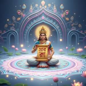 A serene and ethereal scene depicting a young Indian woman in traditional Bengali attire, gracefully seated on an intricately designed mandala that glows softly with pastel hues of blue, pink, and gold. She holds a traditional Bengali script etched elegantly on a golden scroll, symbolizing learning and wisdom. Surrounding her are delicate lotus flowers and soft glowing lights that create an atmosphere of tranquility and spirituality. The background features a stylized, modern interpretation of a traditional Bengali architectural element, like an ornate temple facade, blending heritage with contemporary digital aesthetics. The overall tone is peaceful and inviting, drawing the viewer into a world of cultural richness and educational exploration.